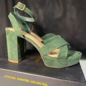 Lulus Selah Forest Green Suede Platform Ankle Strap Heels Size 8